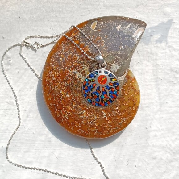 Sun & Star Lab Fire Opal Pendant Necklace For Ladies Wear, 925 Sterling Silver - Picture 1 of 10